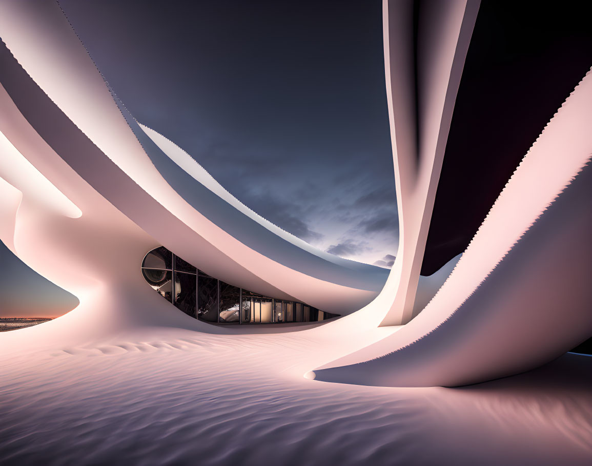 Abstract architectural structure with smooth white curves and glass facade in sand against twilight sky.