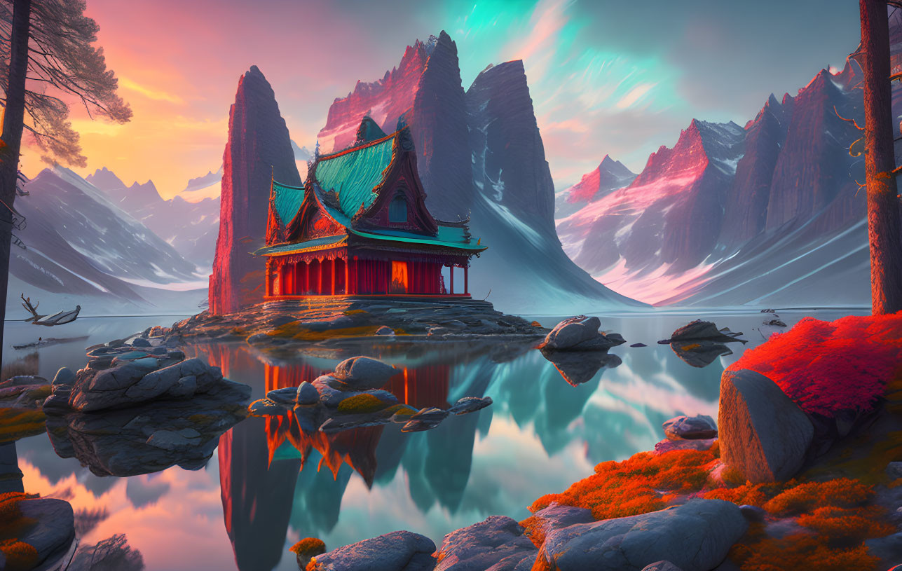 Serene fantasy landscape with traditional-style structure on islet