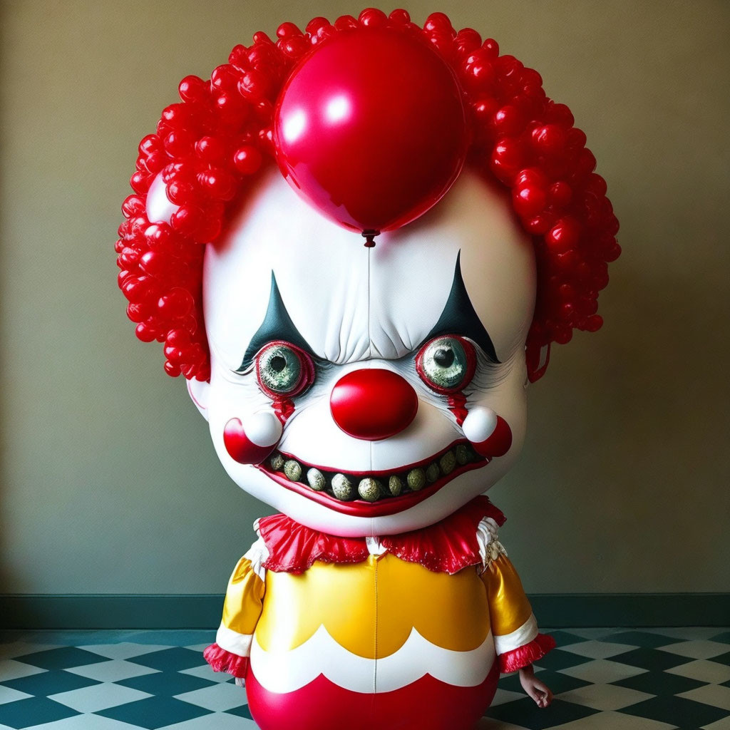 Colorful Clown Figurine with Red Balloon and Exaggerated Features