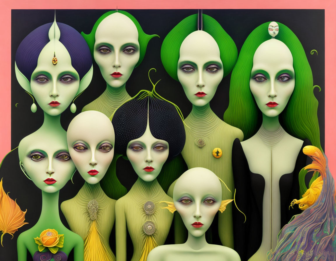 Surreal artwork: Eight green-skinned female figures on pink background