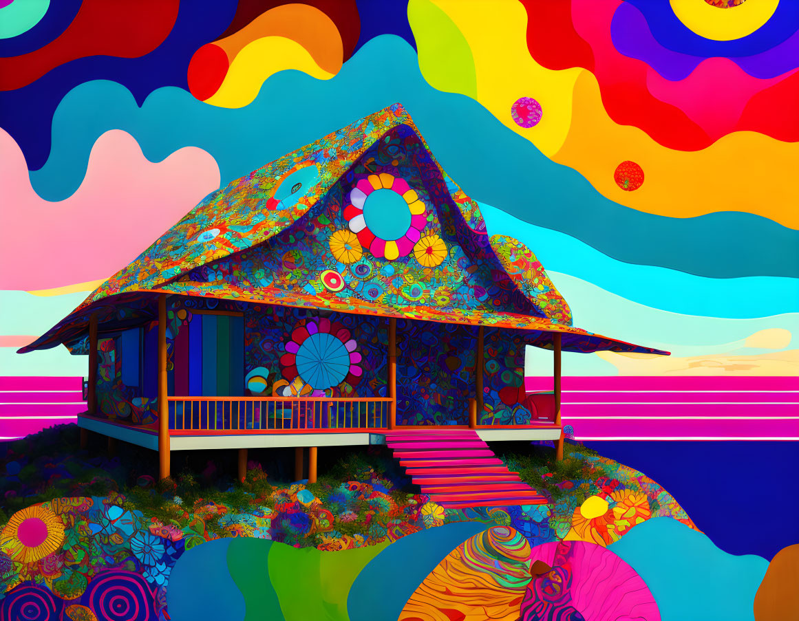 Colorful Psychedelic House Illustration with Thatched Roof and Swirling Sky