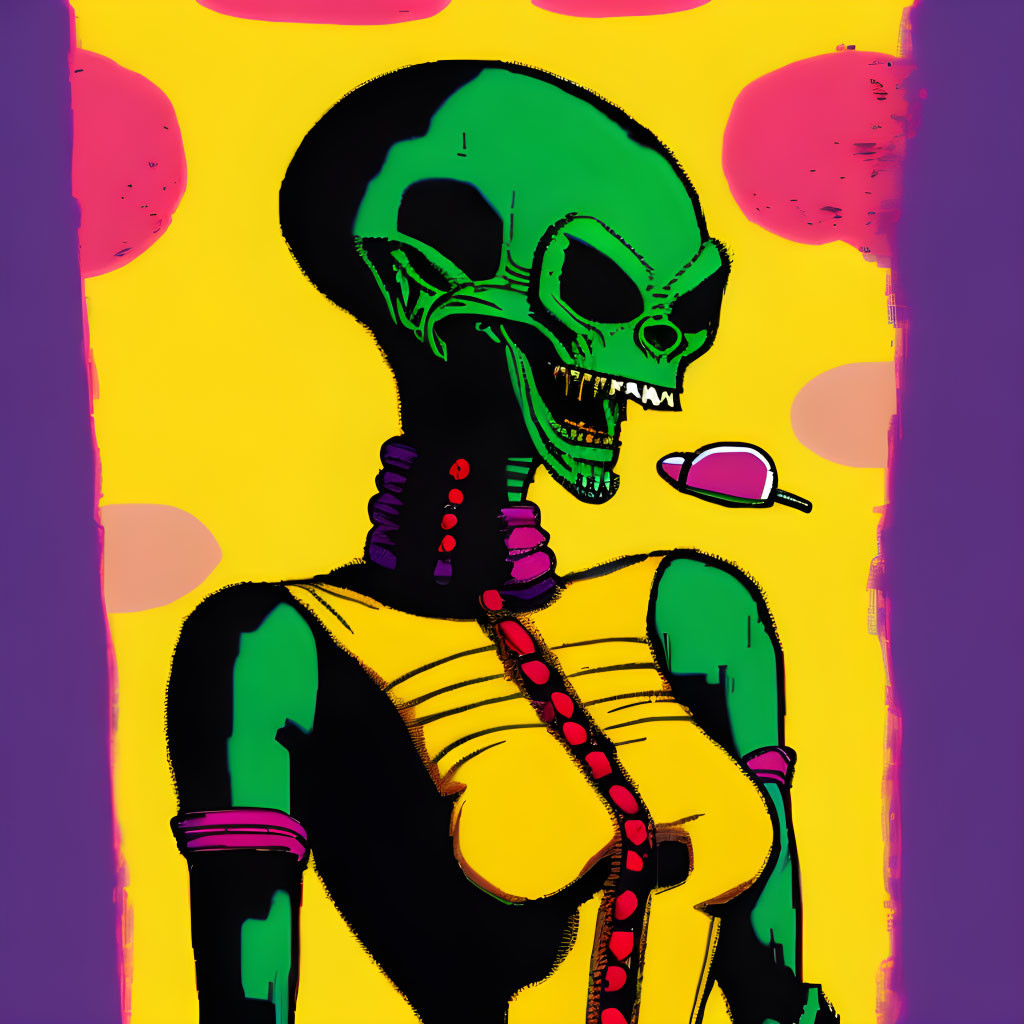 Colorful skeletal figure in neon green skull & striped bodysuit on vibrant backdrop.