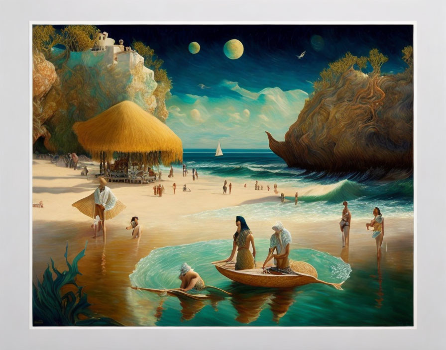 Surreal beach scene with people, straw hut, boat, and oversized shell under multiple moons and