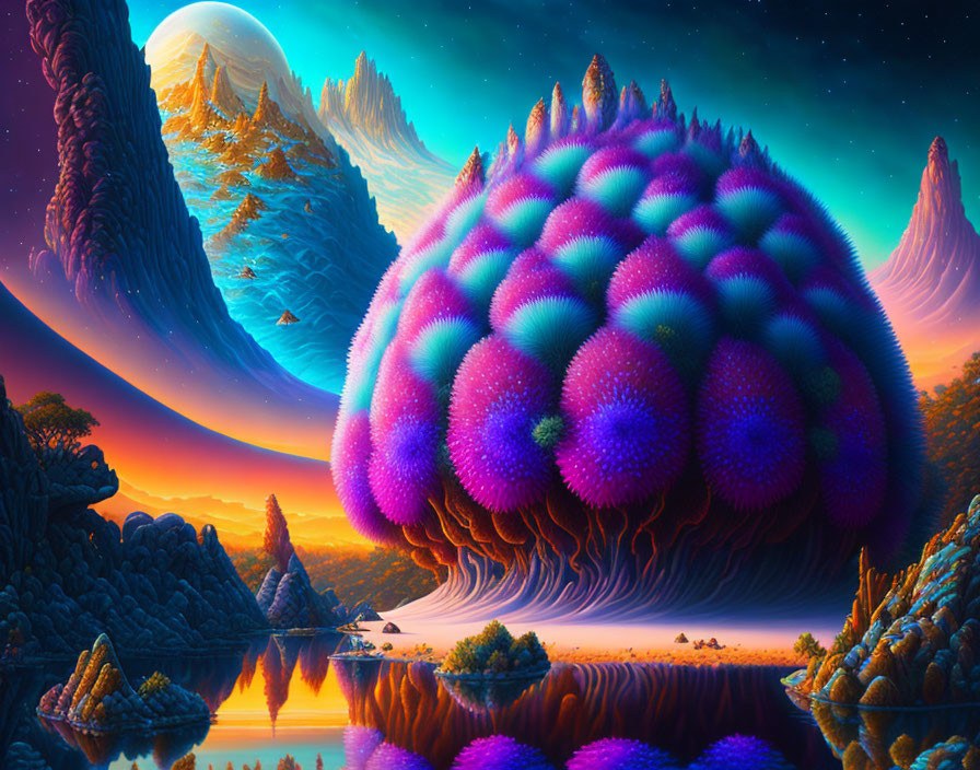 Colorful Dome-Shaped Structure on Alien Landscape under Night Sky