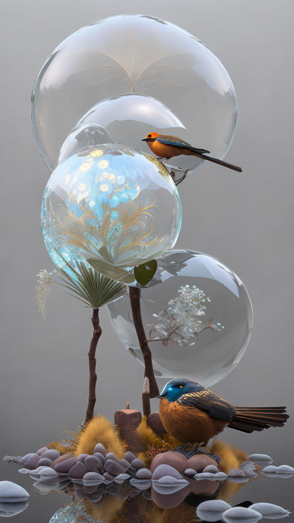 Birds perched on branches with landscape-filled bubbles, stones, and plants