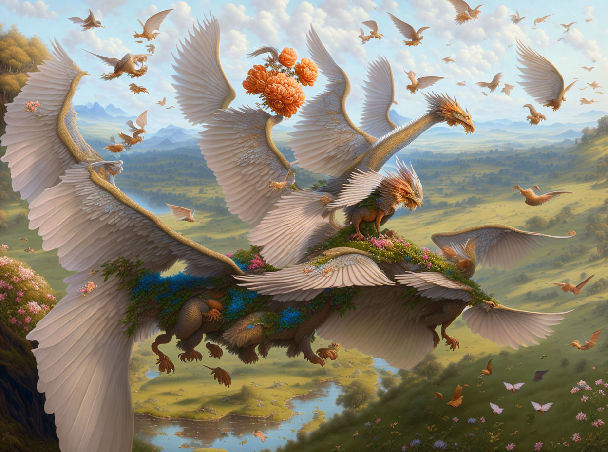 Fantastical painting: Giant birds carry lush gardens above serene landscape