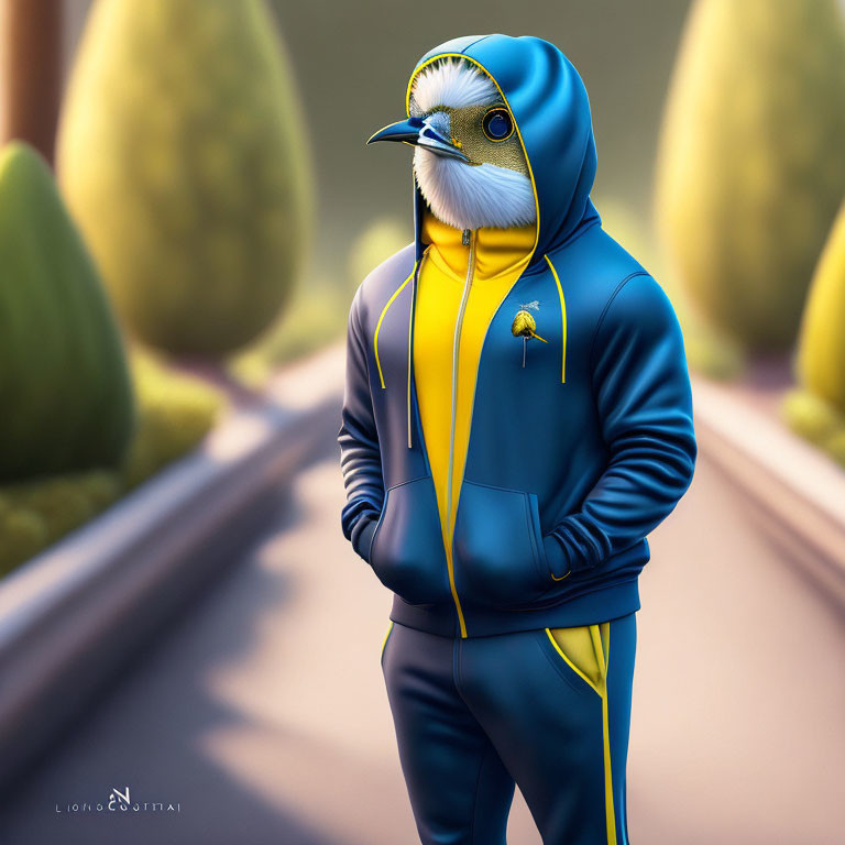 Digital artwork of bird-human hybrid in sporty hoodie on path