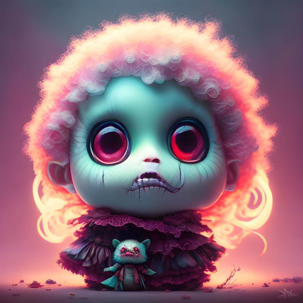 Stylized character with large eyes and pink hair holding a small creature on soft pink background