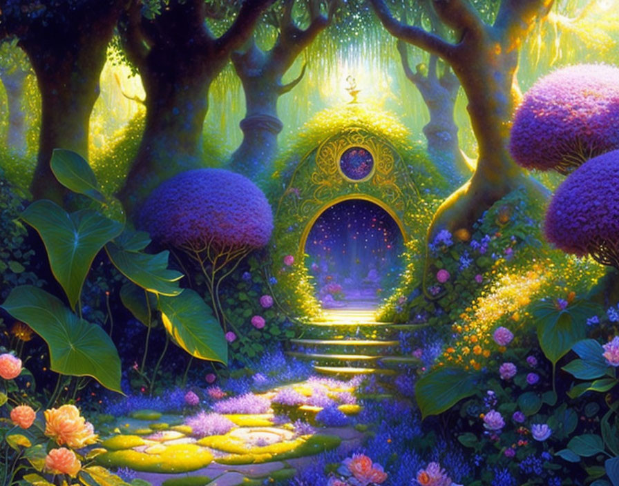 Mystical forest with glowing tree doorway and vibrant flora