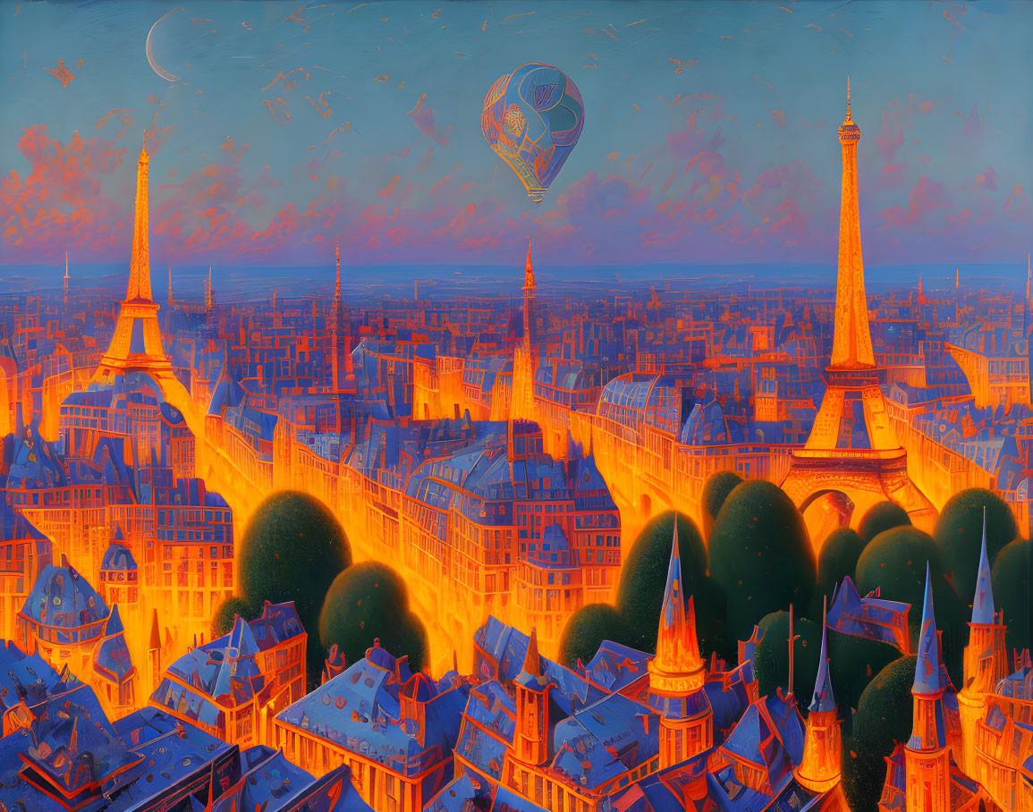 Fantastical Paris Scene with Exaggerated Features and Eiffel Tower