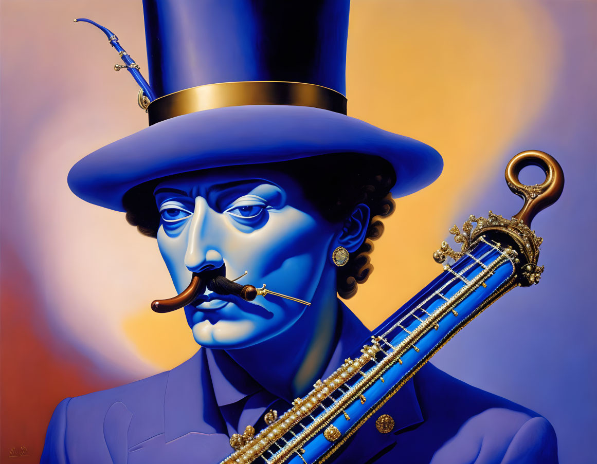 Surreal portrait: man with blue face, top hat, saxophone, warm background.