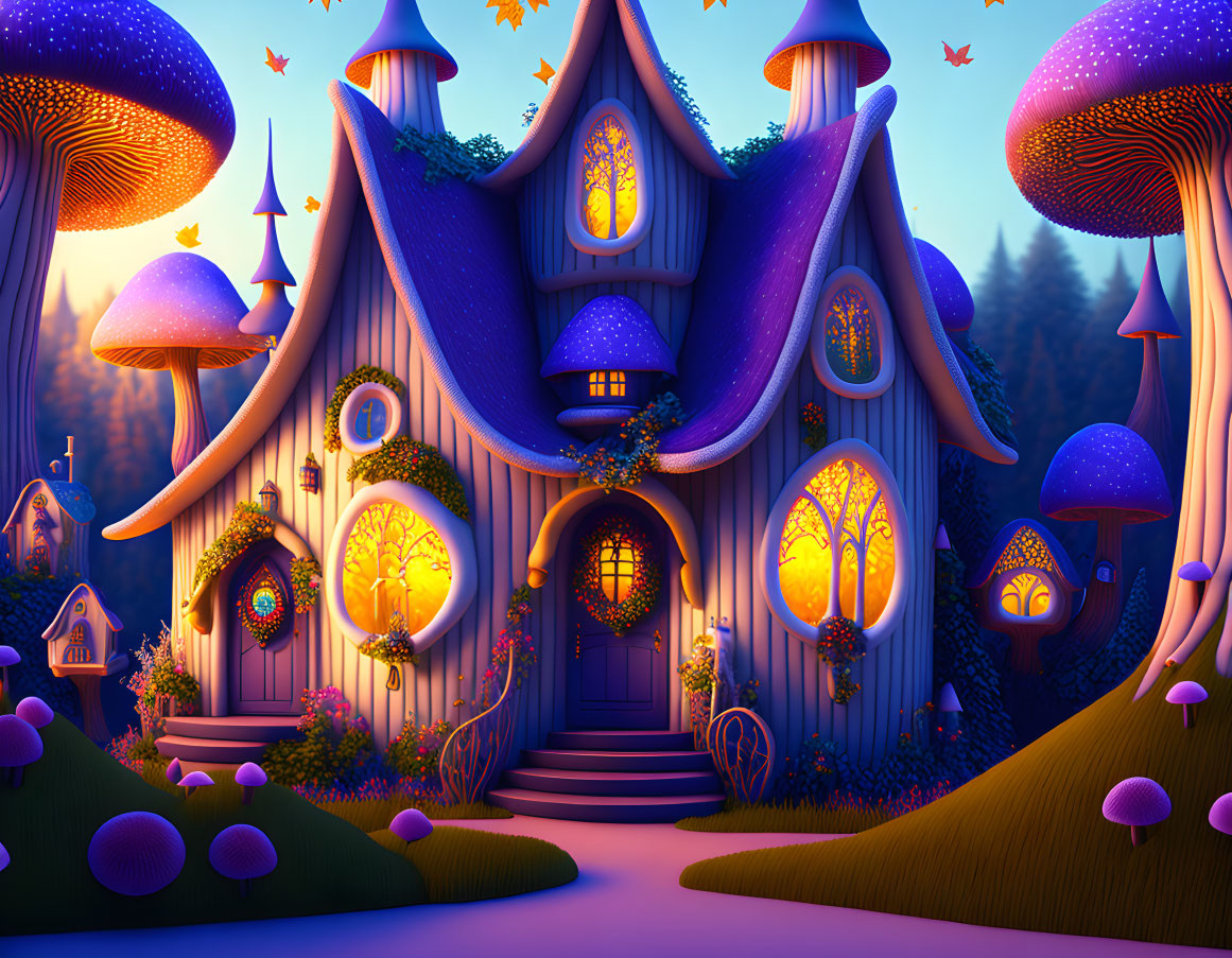 Illustration of forest house with mushroom rooftops and glowing windows surrounded by trees and oversized mushrooms at twilight