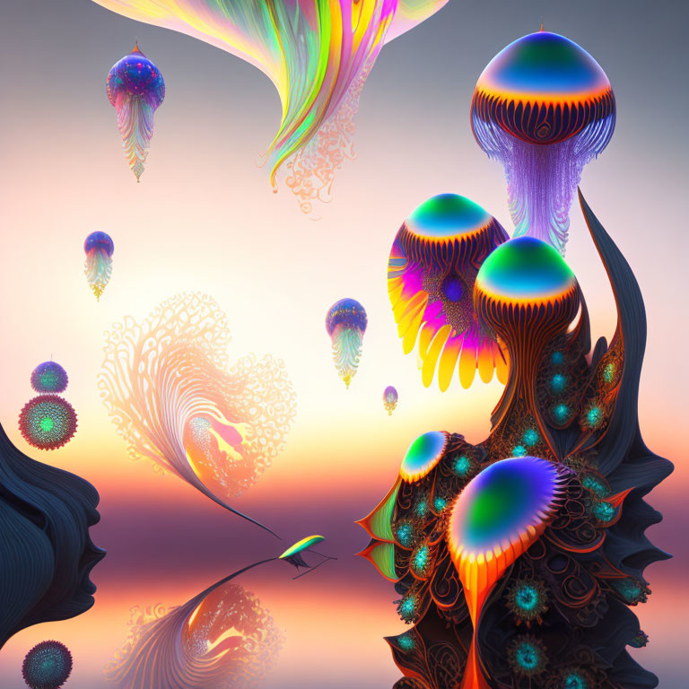 Vibrant surreal landscape with floating mushroom-like structures and jellyfish entities