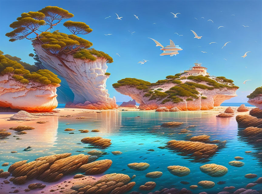 Tranquil seascape with lighthouse, island, blue waters, rock formations, birds, and