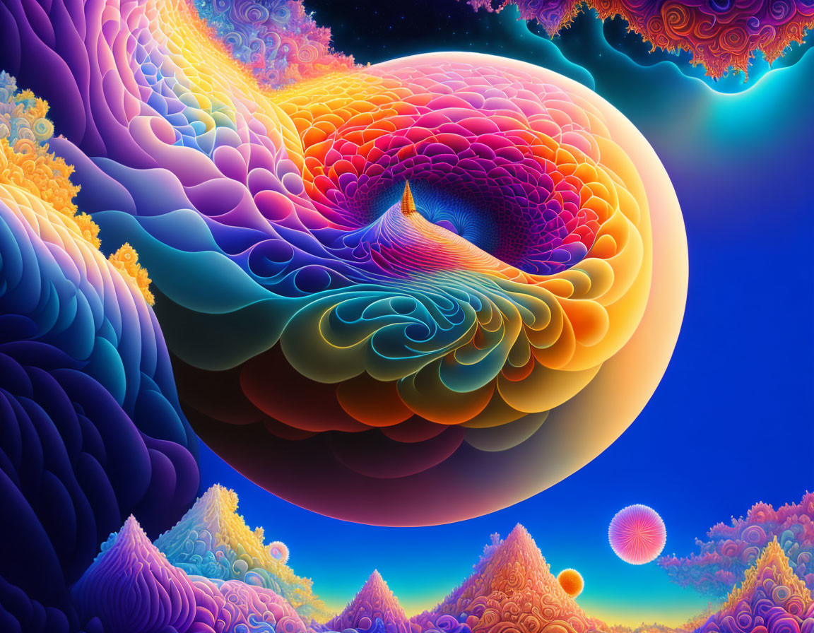 Colorful Psychedelic Landscape with Swirling Patterns in Blues, Oranges, and Purples