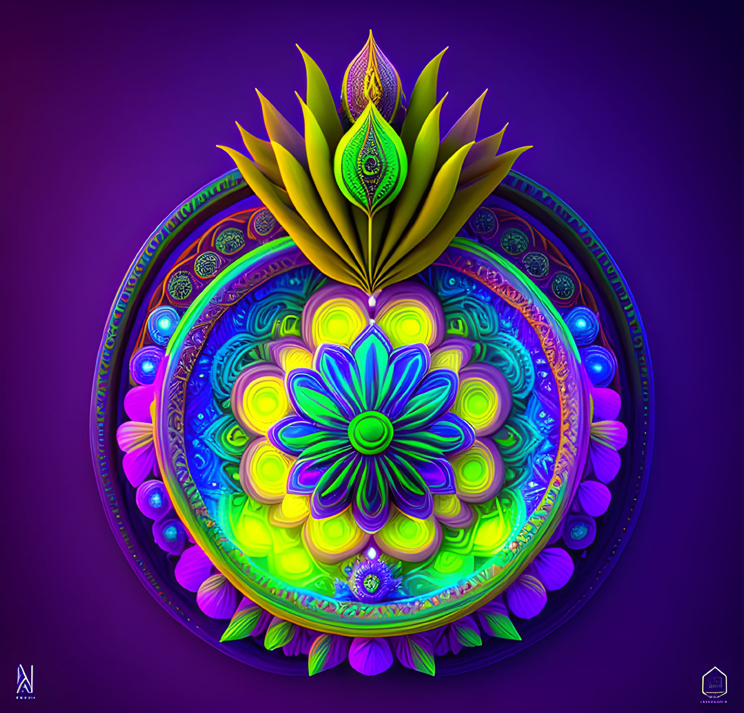 Colorful Neon Mandala Artwork with Flower Motifs on Purple Background