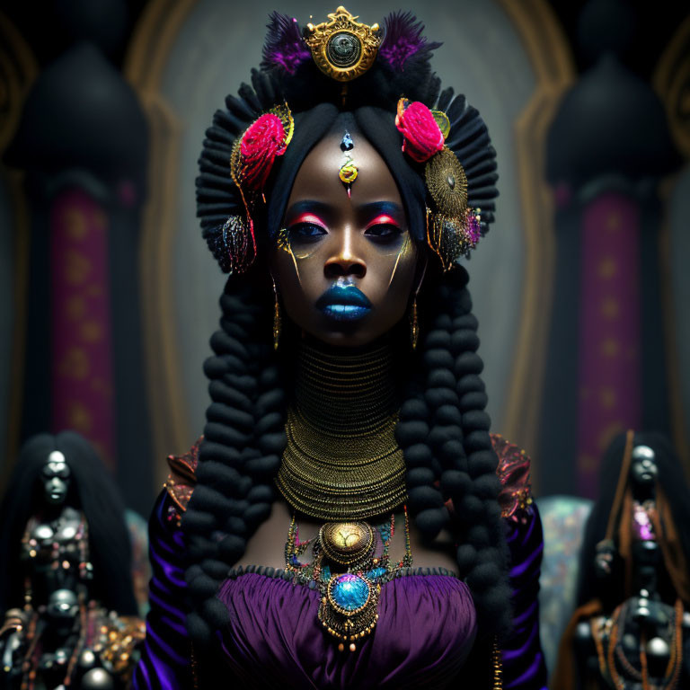 Blue-skinned woman adorned in gold jewelry with ornate headdress on dark background