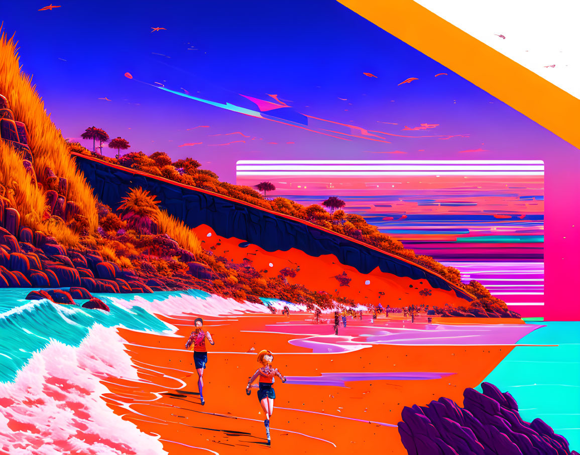 Colorful surreal beachscape with runners and geometric sun.