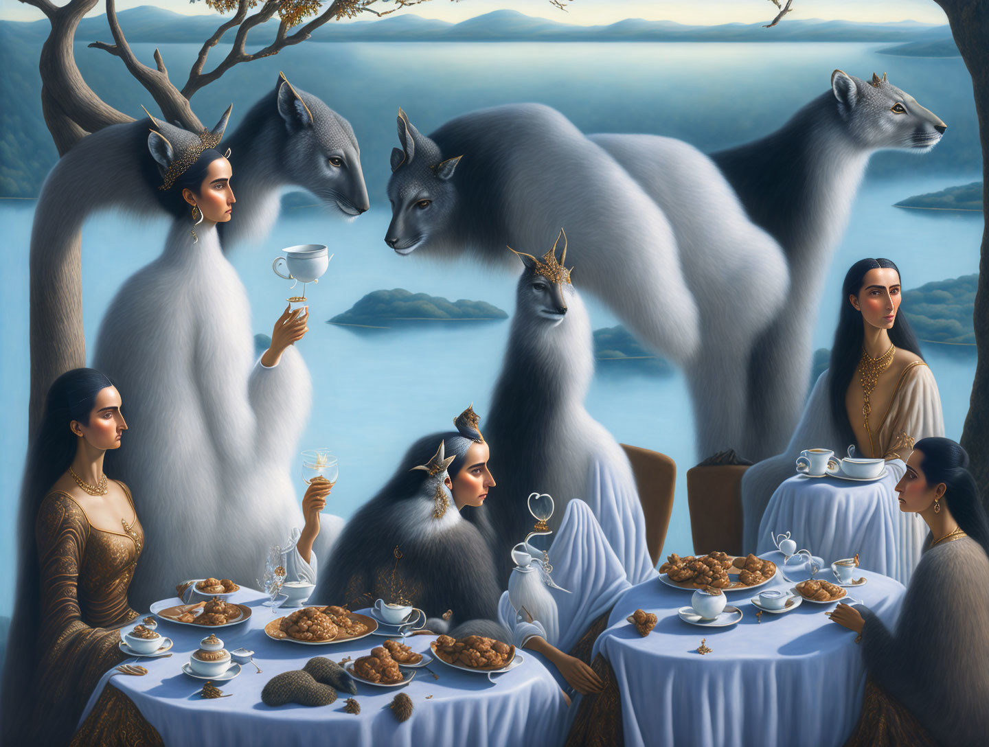 Antelope-headed figures in human attire enjoying tea and cookies in serene landscape