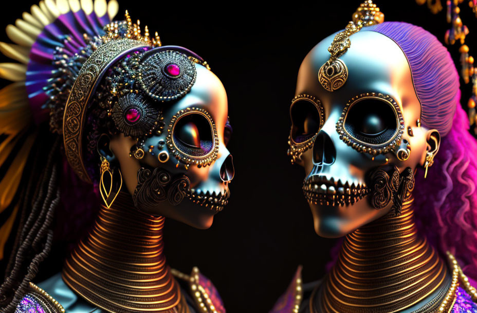 Colorful Dia de los Muertos skull figures with intricate jewelry.