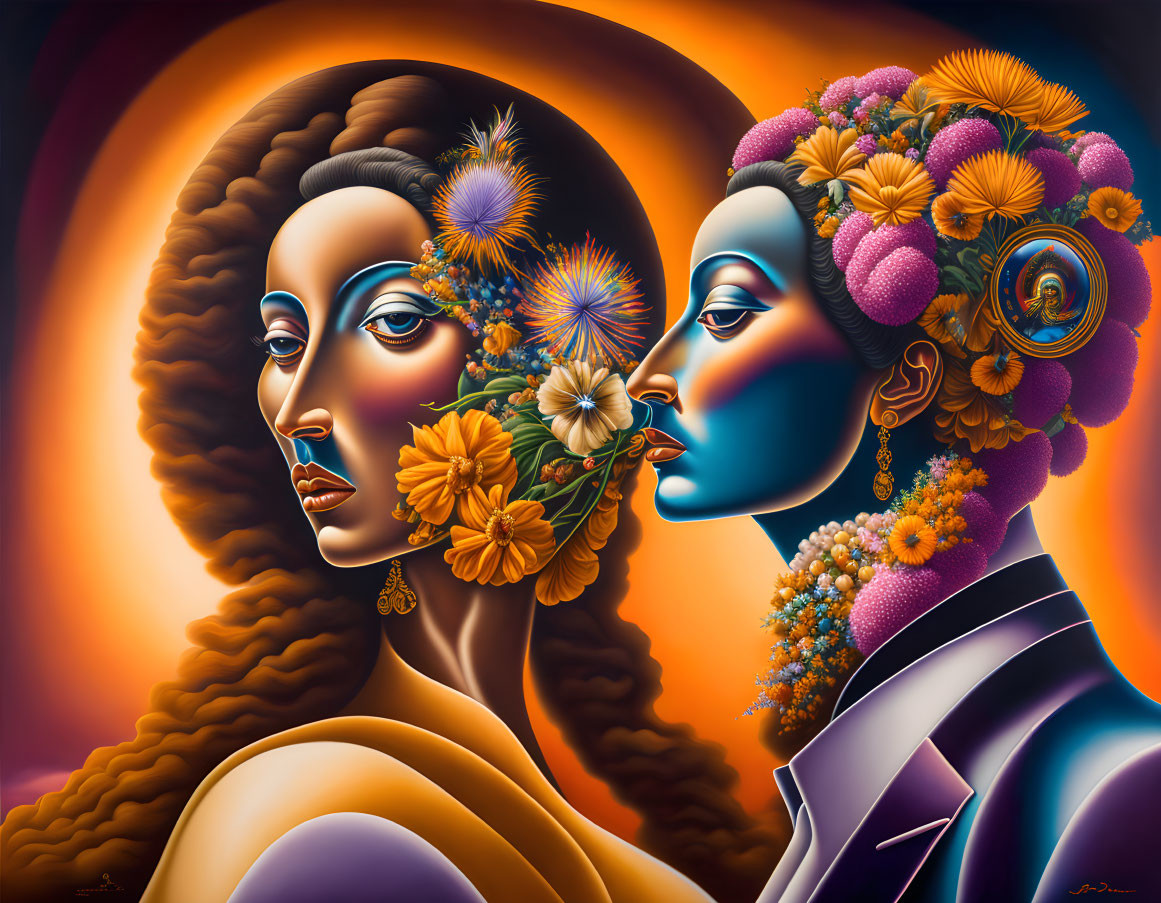 Vibrant flower-themed painting of two women with warm and cool color contrasts