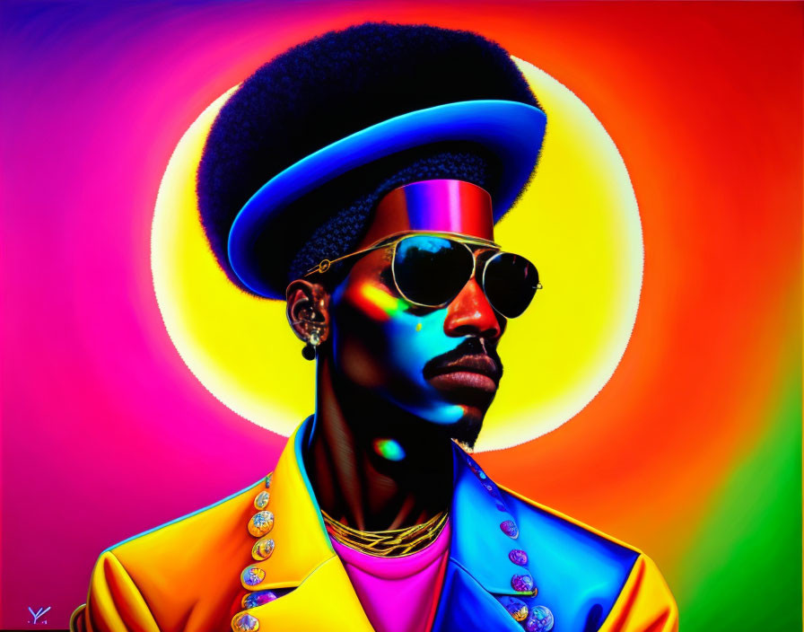 Colorful digital portrait of a man with afro and sunglasses on rainbow background