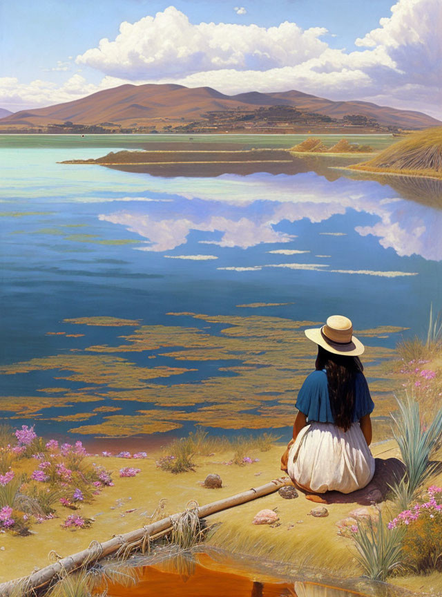 Person in White Skirt and Blue Top Relaxing by Tranquil Lake with Wildflowers