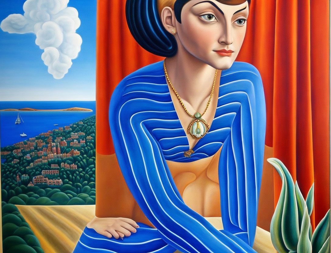 Surreal painting of woman in striped blue dress with coastal town backdrop