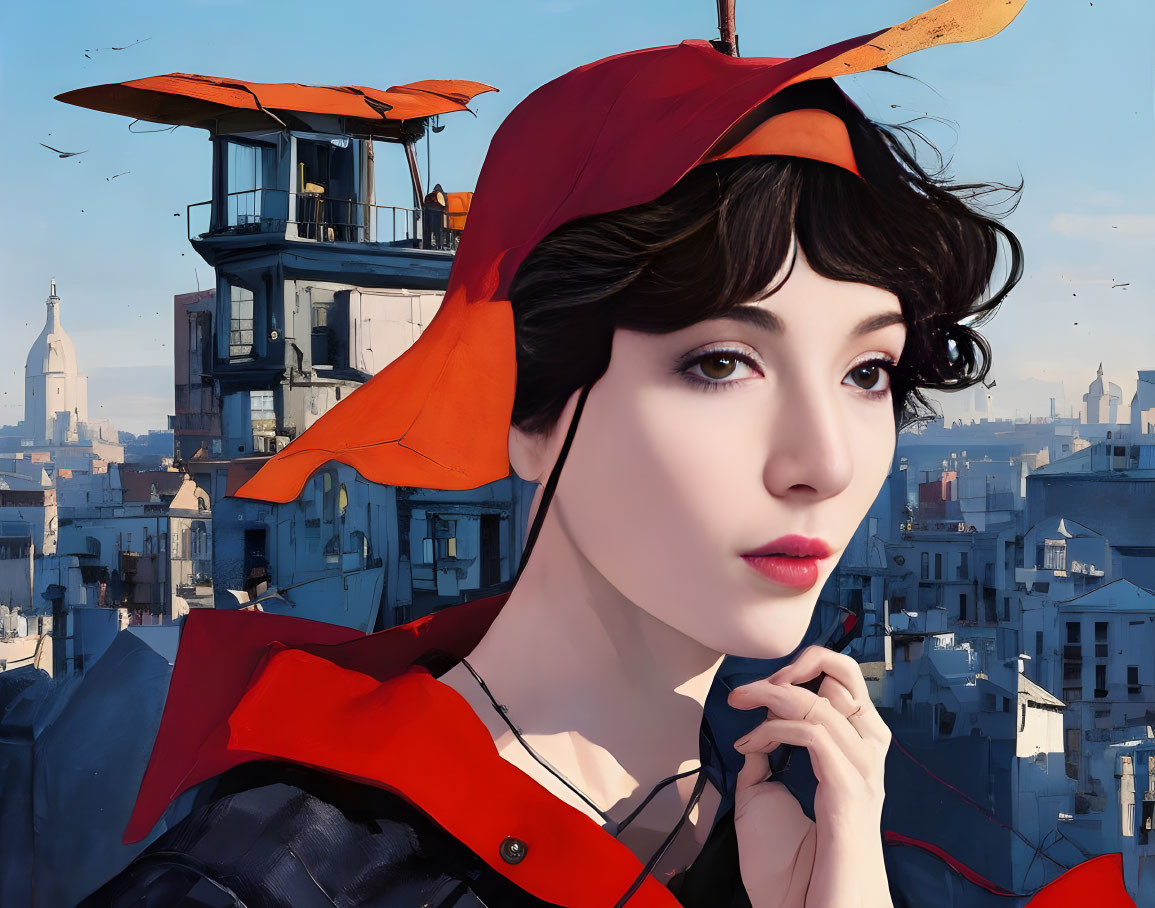 Stylish woman in red beret with cityscape background