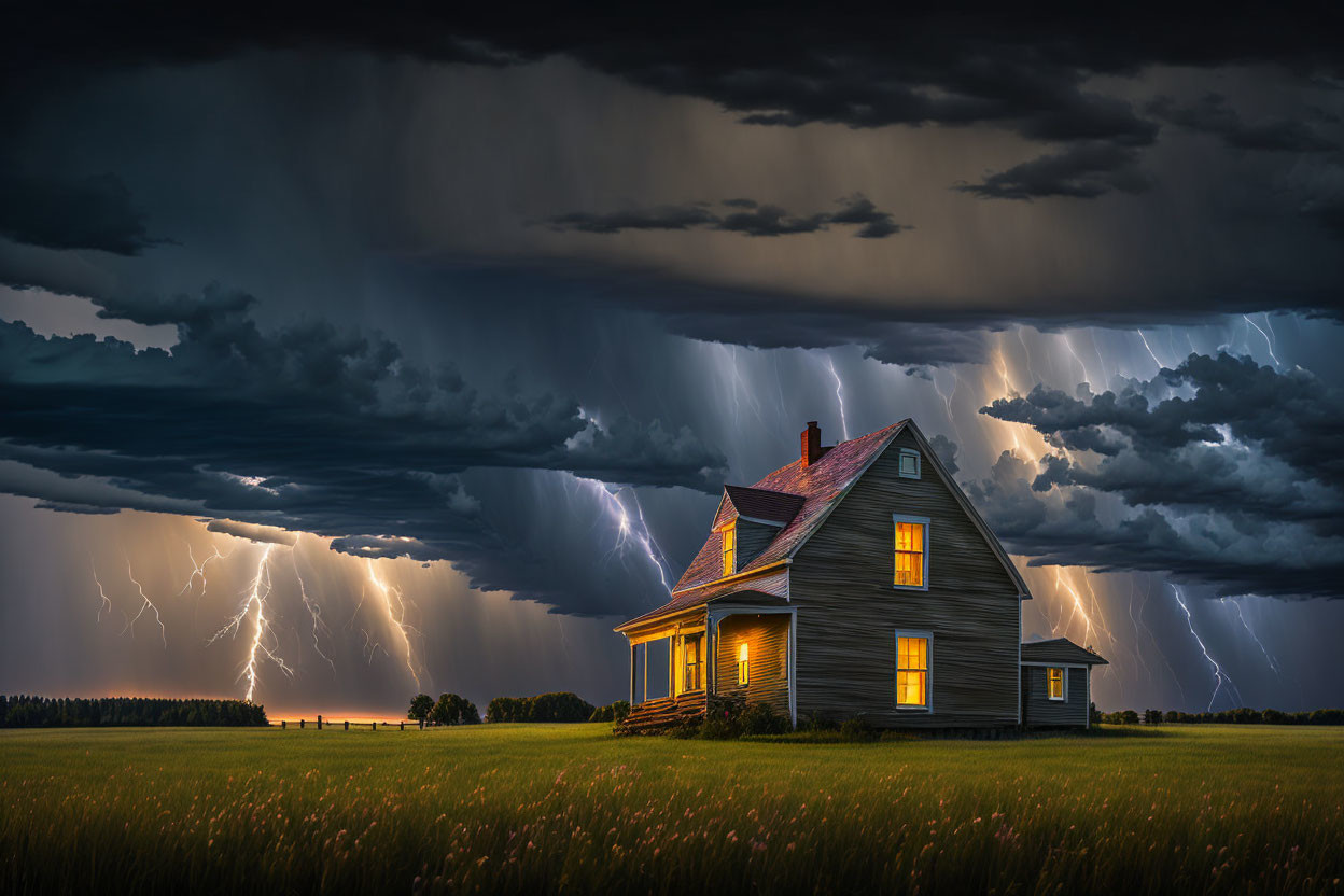 Secluded wooden house in field under dramatic stormy sky