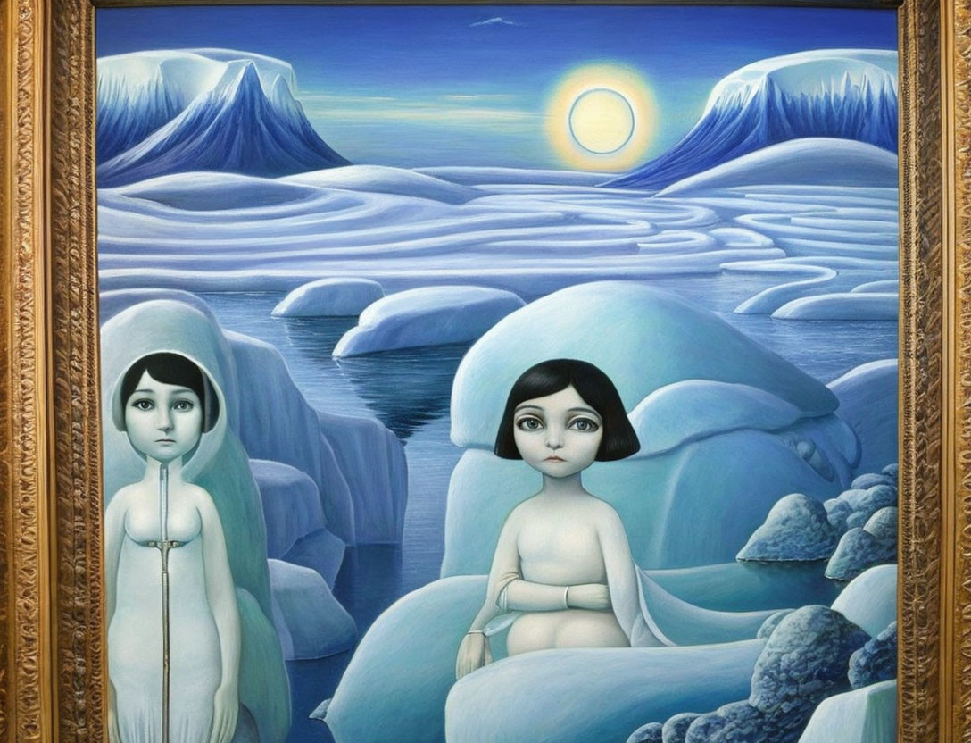 Surreal painting: Two somber females in icy landscape