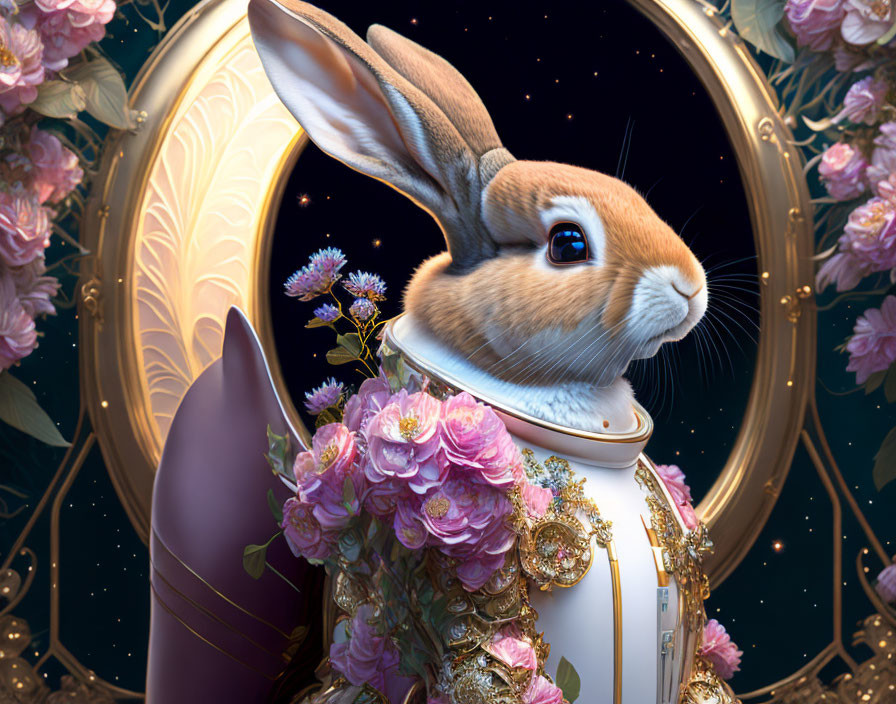 Regal rabbit illustration in floral attire with starry backdrop.