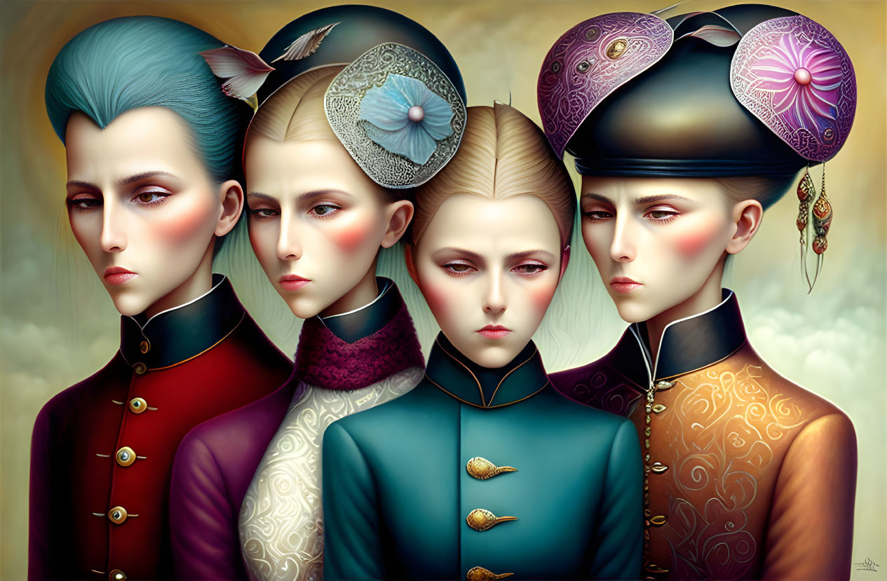 Stylized figures in elaborate attire with gradient colors