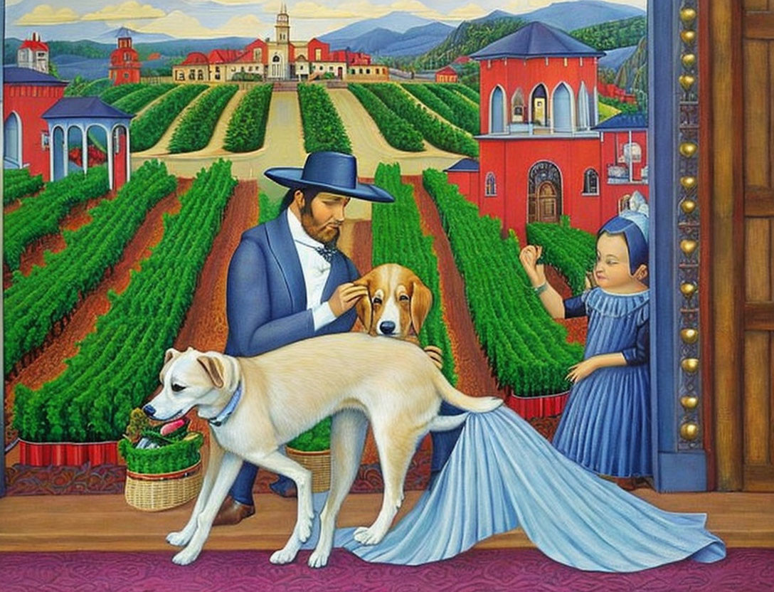 Man in Top Hat with Child and Dog in Vineyard Setting with Buildings