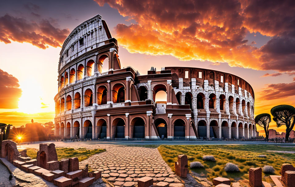 Ancient Colosseum at Sunset with Vibrant Orange Skies