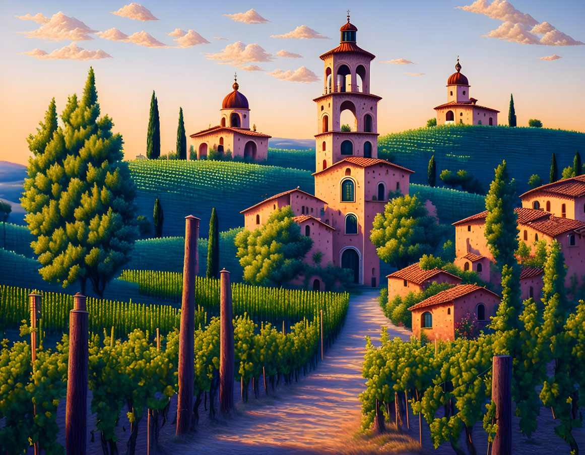 Tranquil Tuscan sunset landscape with vineyards, cypress trees, and villa.