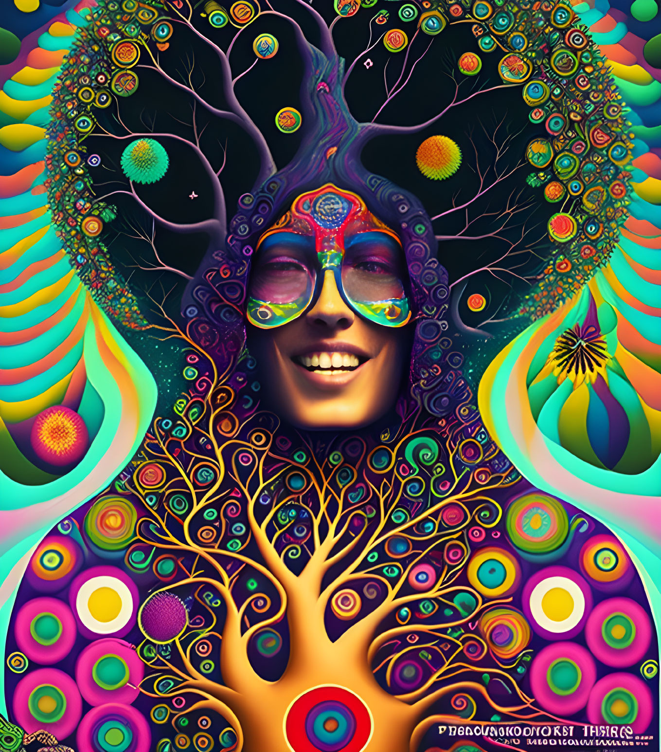 Colorful Psychedelic Artwork: Smiling Face in Tree with Celestial Elements