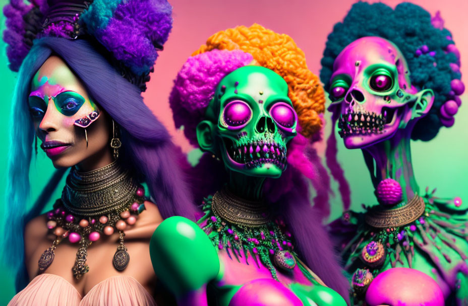 Colorful Skeleton Makeup and Headdresses on Figures Against Gradient Background