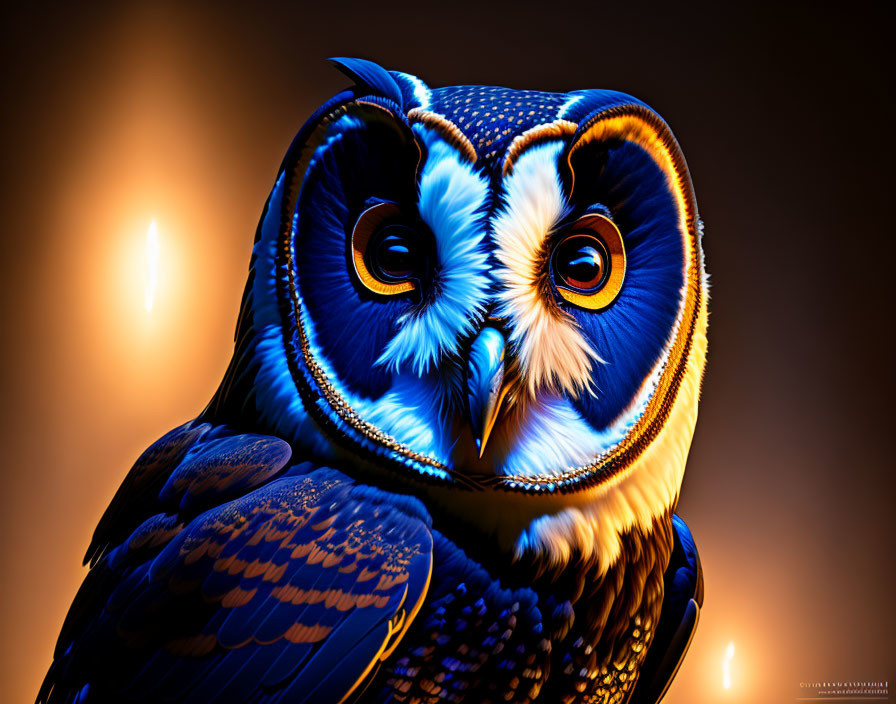 Colorful Digital Artwork: Owl with Blue Feathers on Warm Dark Background