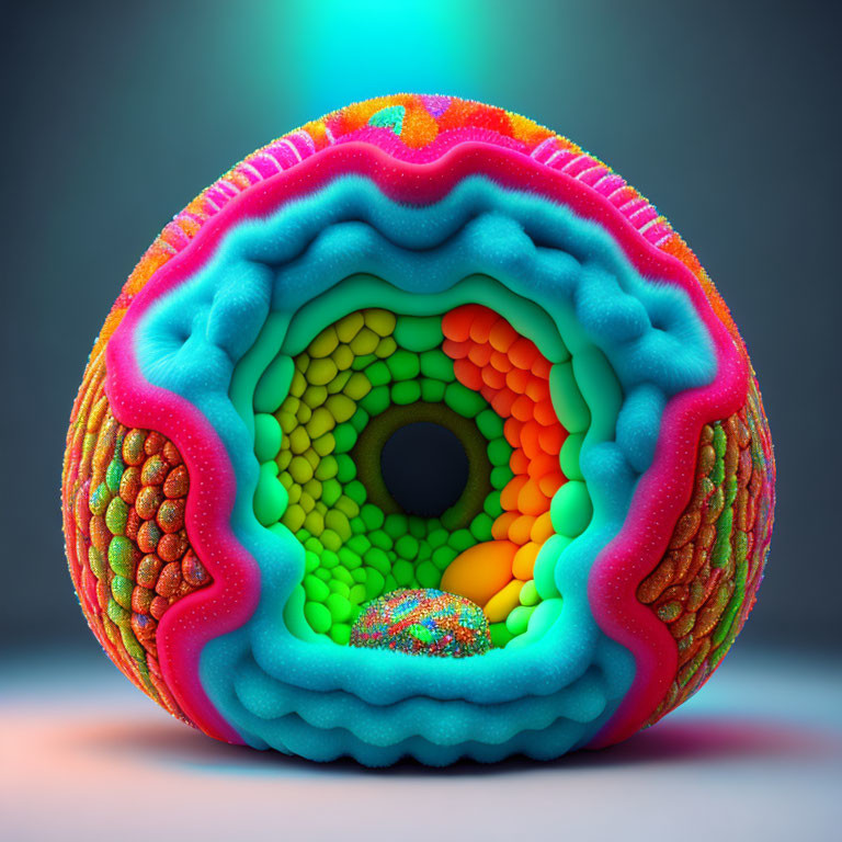 Multicolored spherical object with concentric patterns resembling geological layers.