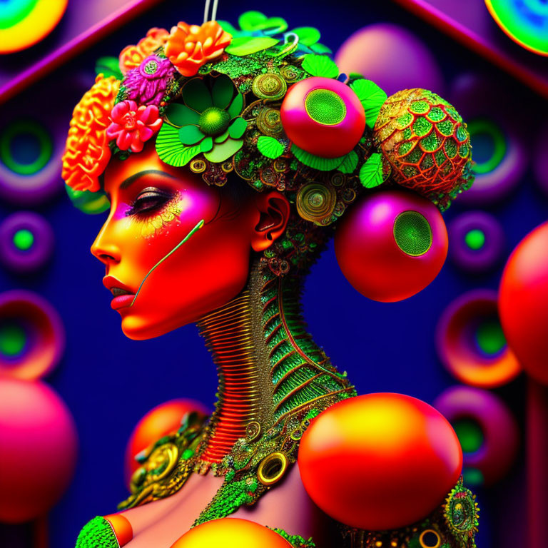 Colorful digital artwork: Stylized woman with elaborate headdress, makeup, and jewelry, against