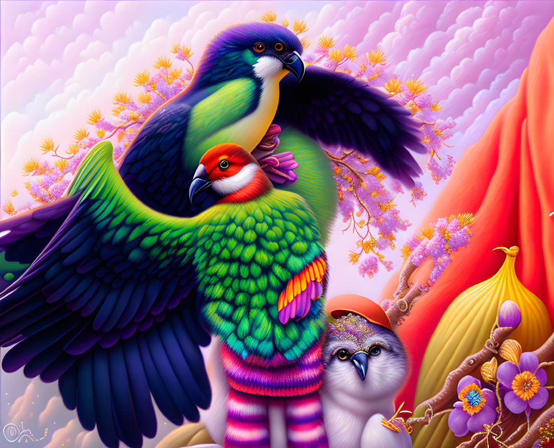 Colorful stylized bird digital art with whimsical floral and fantastical elements