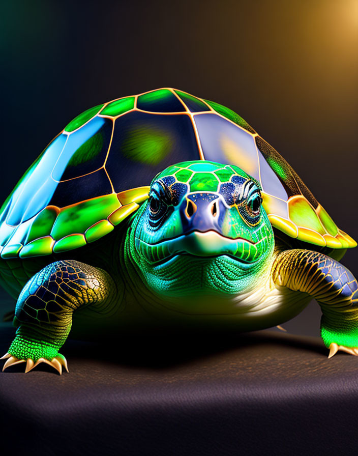 Colorful Digital Turtle with Glossy Shell on Dark Background