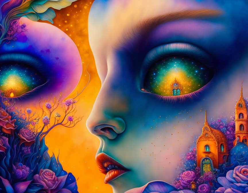 Surreal artwork featuring cosmic eyes, starry scenes, colorful imagery, and architectural elements.