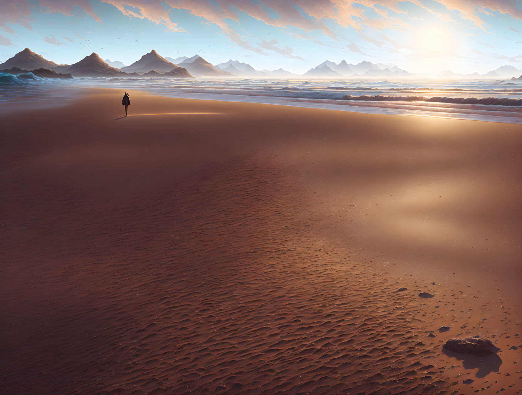 Figure Walking Across Desert Dunes Under Hazy Sky