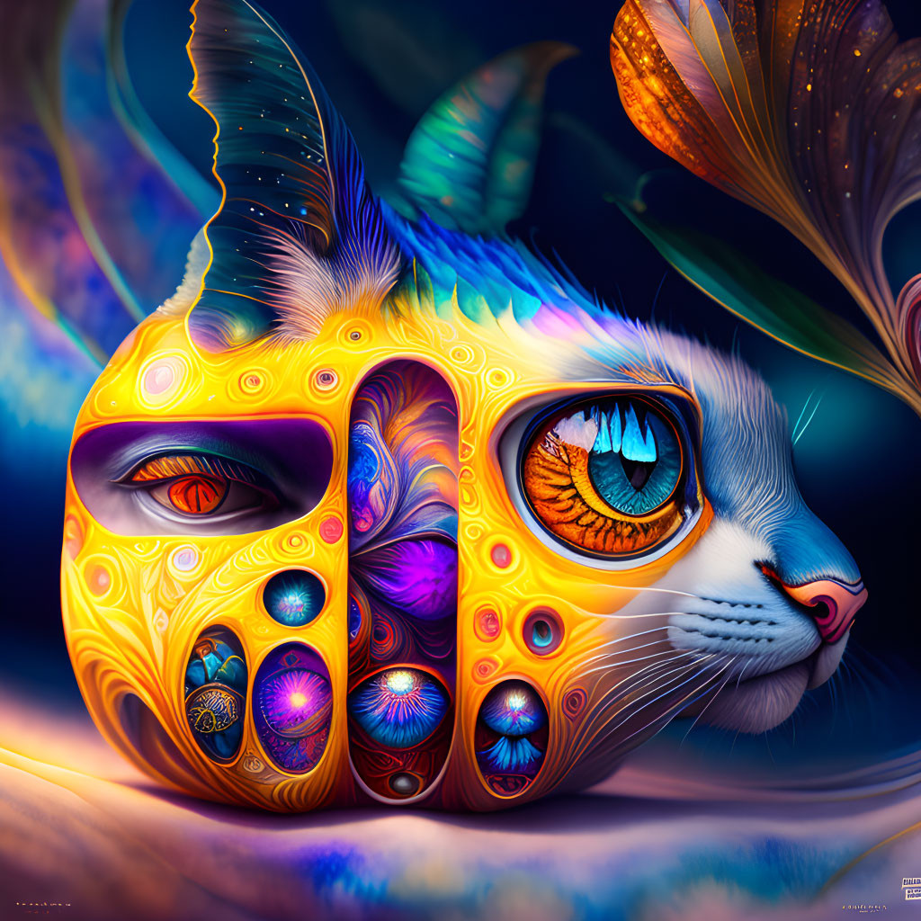 Colorful stylized cat with mask-like face and butterfly wings for ears.