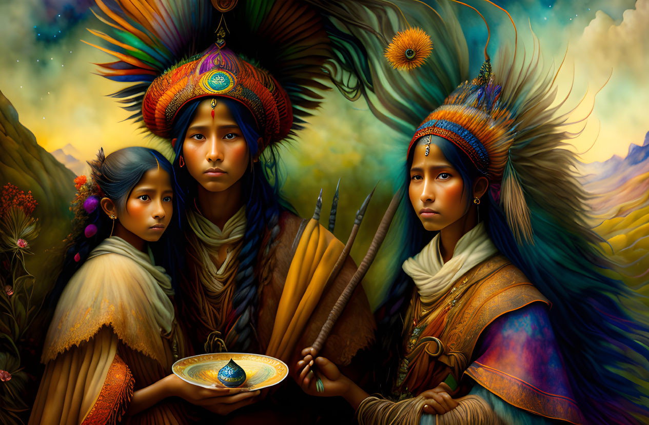 Vibrant digital art: Three figures in Native American attire amidst mystical landscape