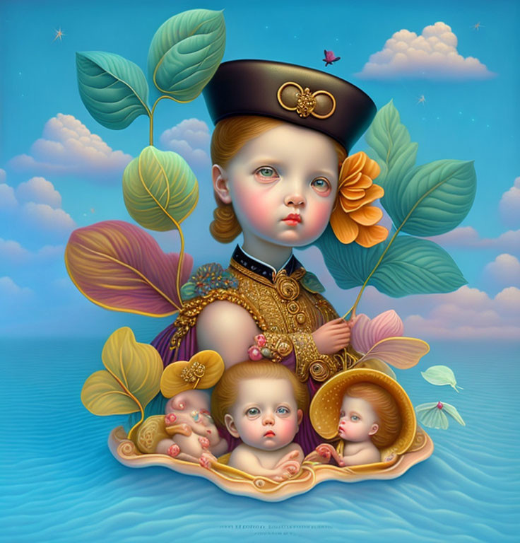 Surreal illustration of child in military uniform with stylized flora and infant faces