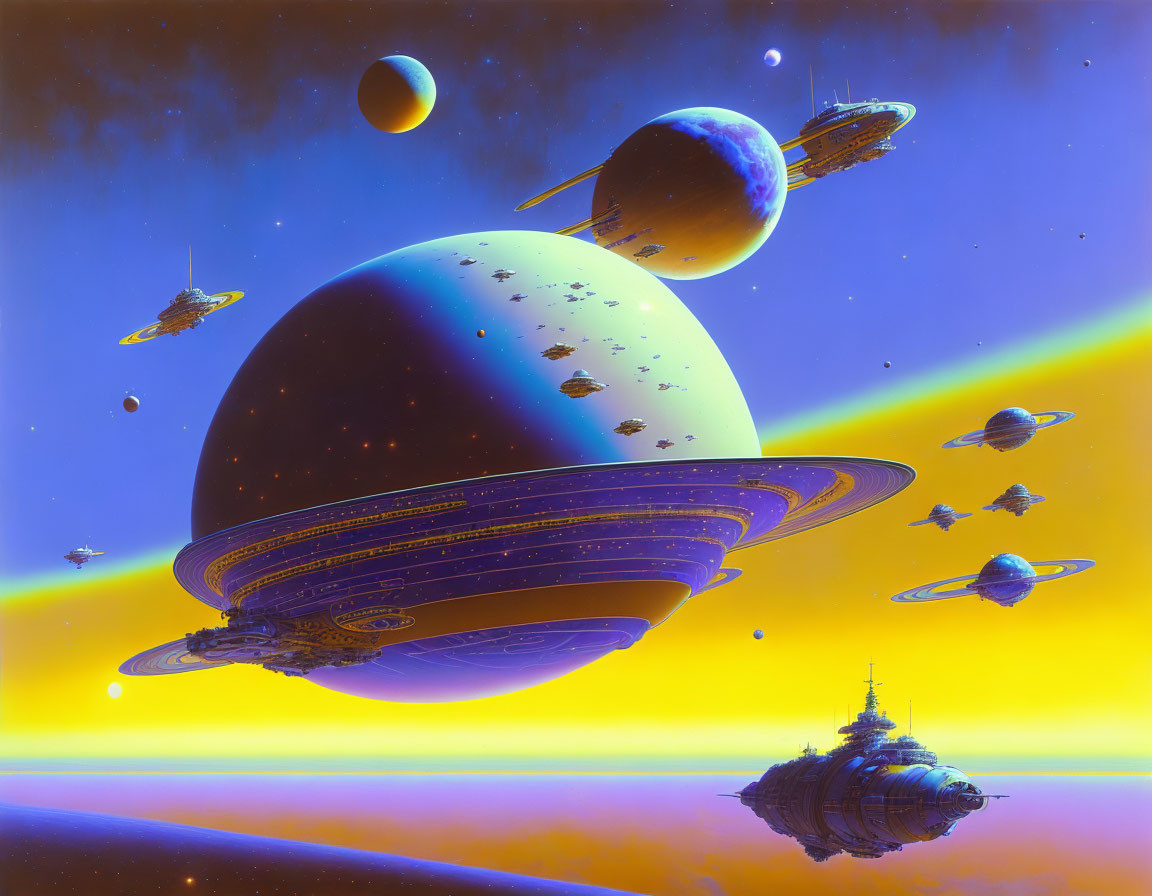 Sci-fi landscape with rings, spaceships, and nebula-streaked sky