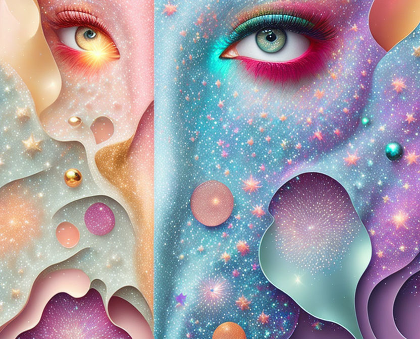 Colorful surreal digital artwork with eyes, cosmic patterns, stars, planets.